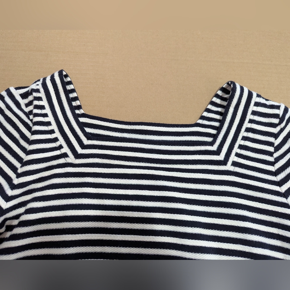 Talbots Square Neck Texture Navy Blue White Stripe 3/4 Sleeve Top Sz Med *NWOT - Picture 11 of 11